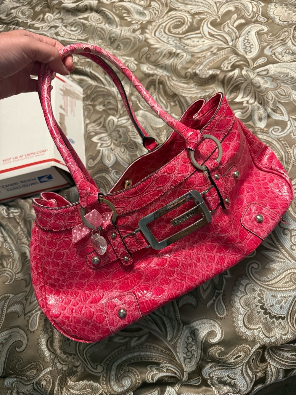 Guess Hot Pink Croc-Embossed Shoulder Bag with Buckle Detail